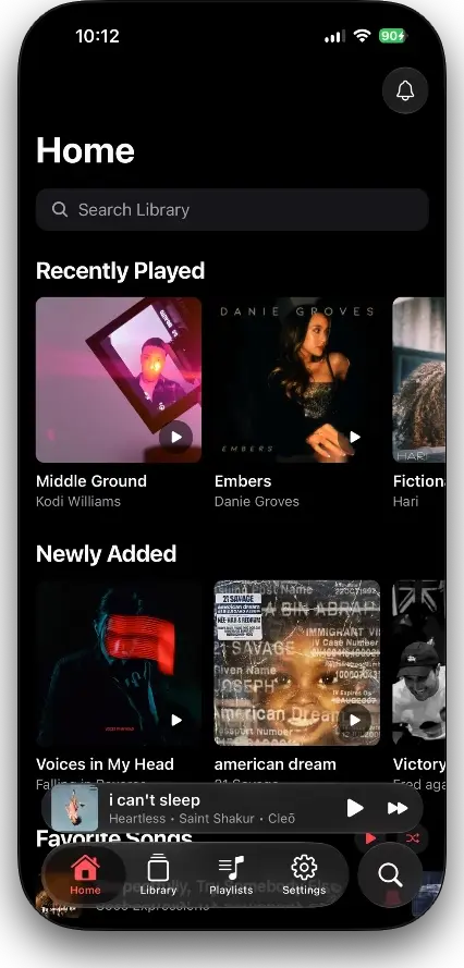 Songstress mobile app home screen